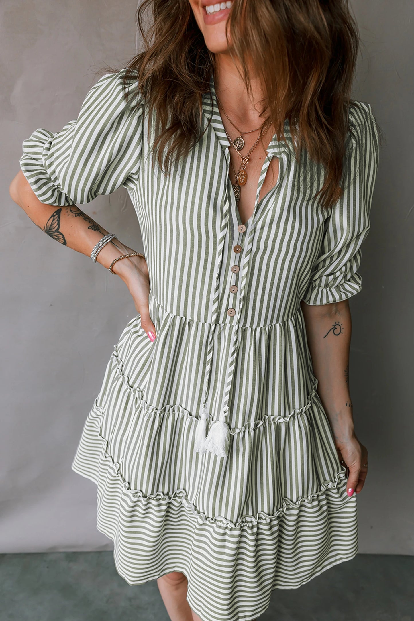Green Stripe Tasseled Tie Neck Ruffled Short Sleeve Tiered Flattering Dress