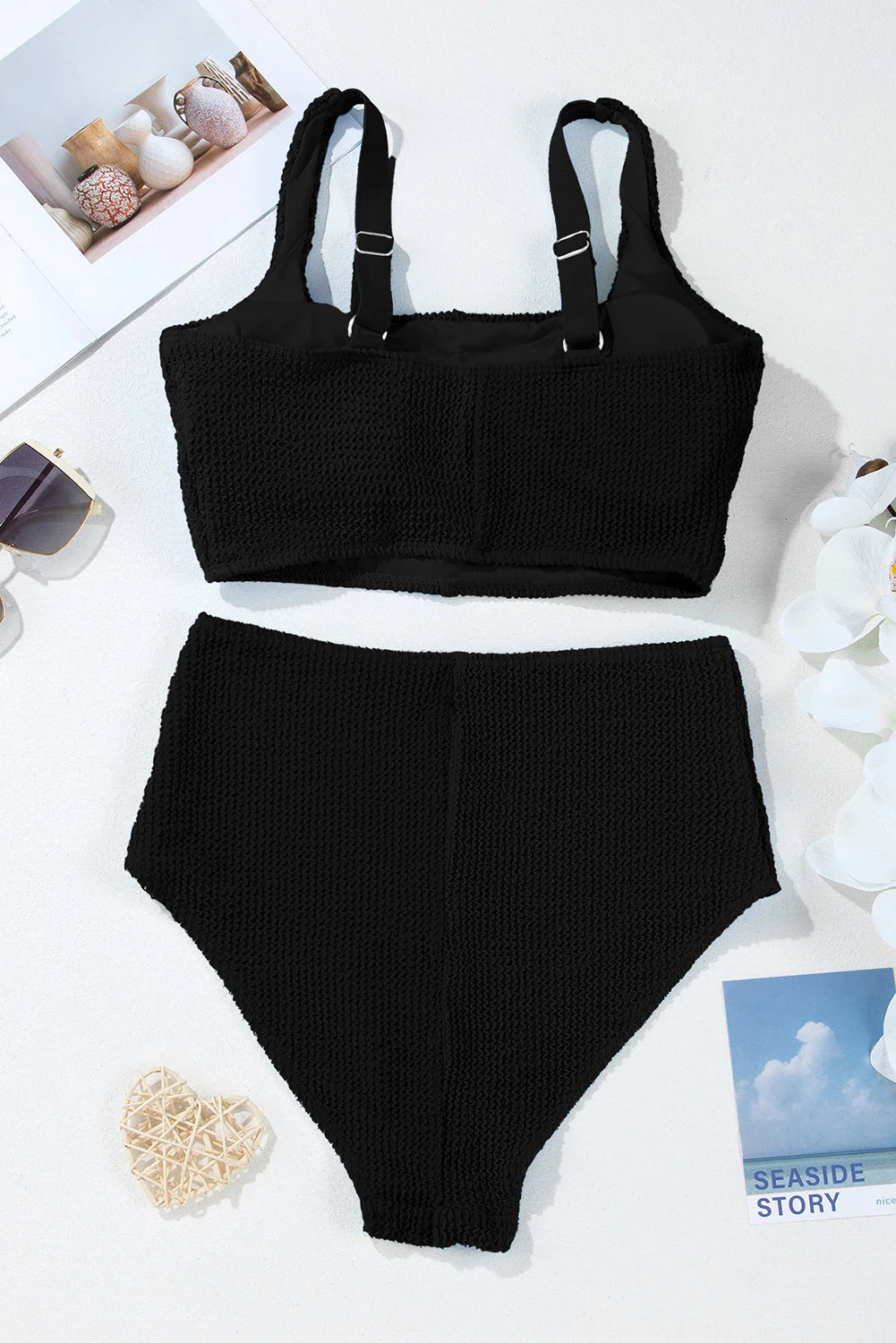 Black Corded Solid Square Neck Bikini Swimsuit
