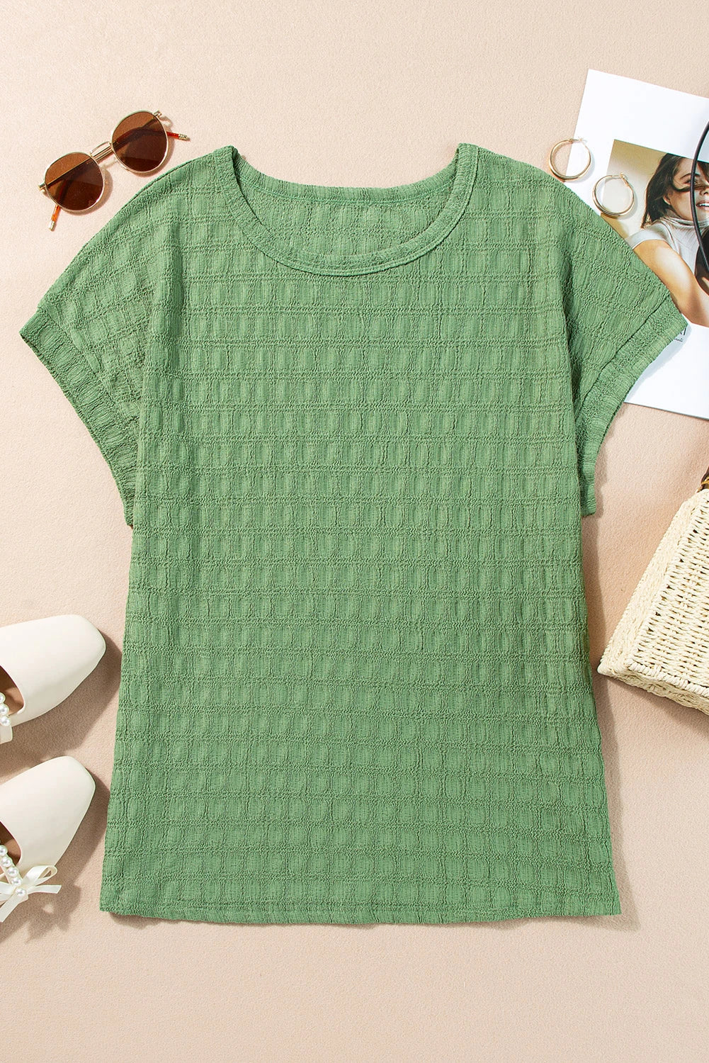 Grass Green Solid Color Textured Batwing Sleeve Tee