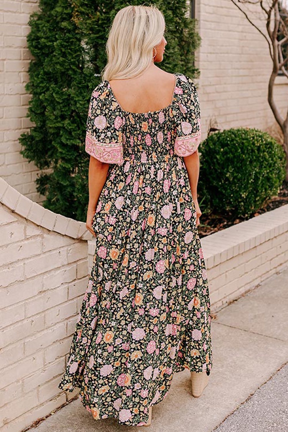 Black Boho Floral Patchwork V Neck Short Sleeve Maxi Dress