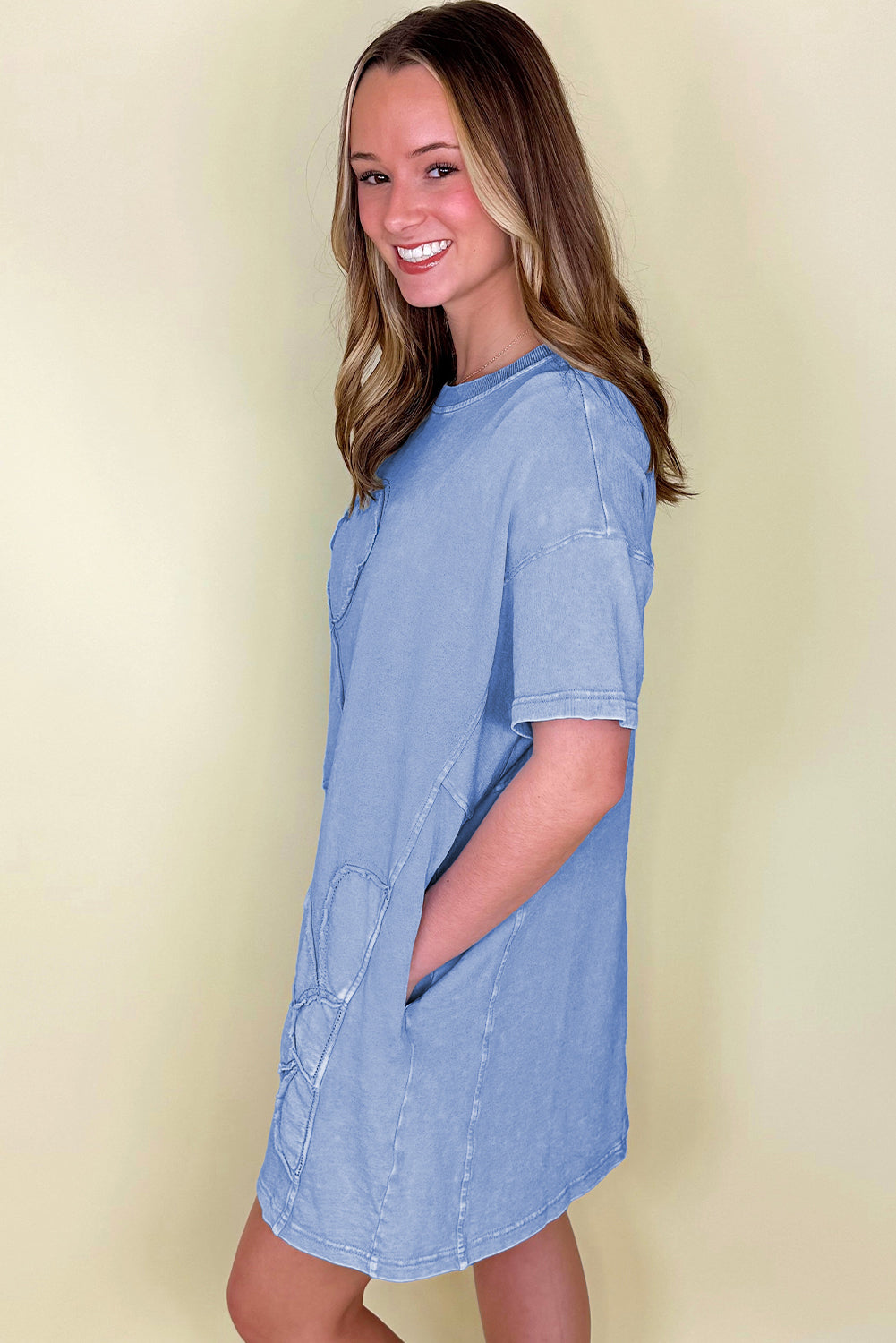 Mineral Wash Flower Patchwork Mini T Shirt Dress