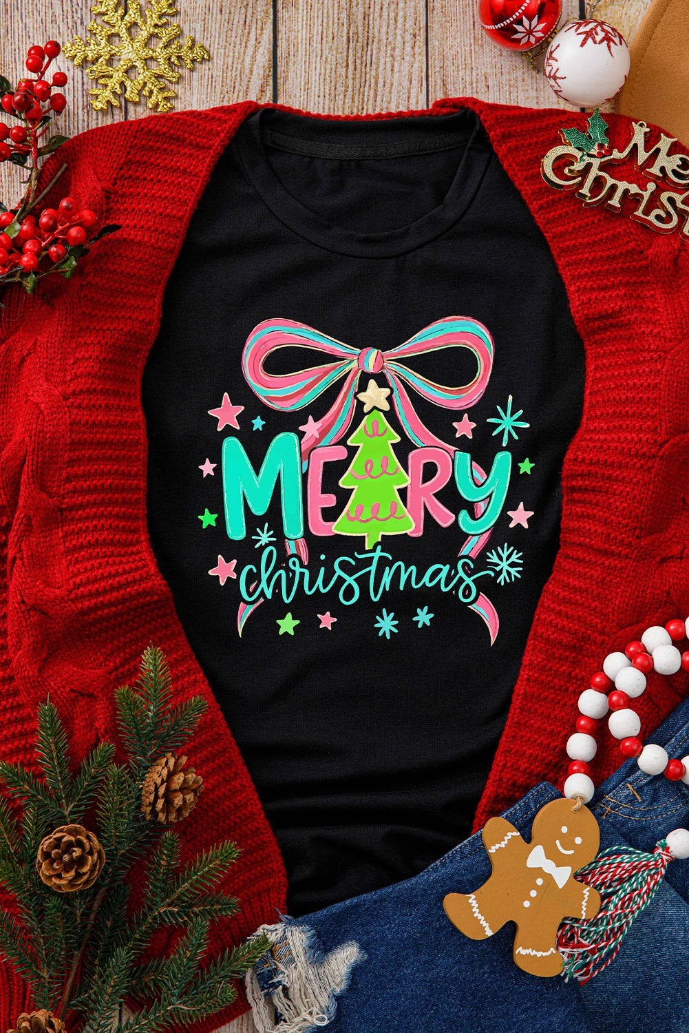 Black MERRY Christmas Vibrant Bow Print T Shirt