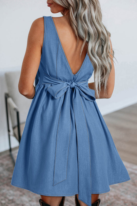Myosotis Square Neck Pleated Waist V Cut Backless Tied Fit and Flare Dress