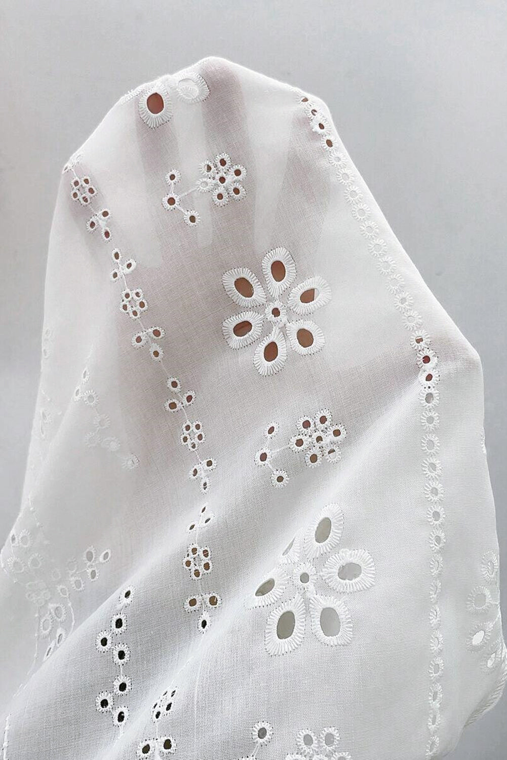 White Eyelet Embroidered Smocked Cuff Sheer Blouse