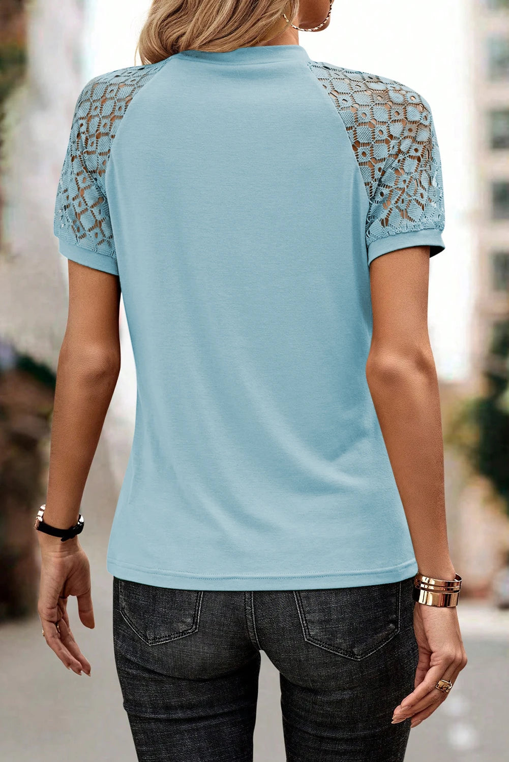 Seamed Detail Contrast Lace Raglan Sleeve Tee