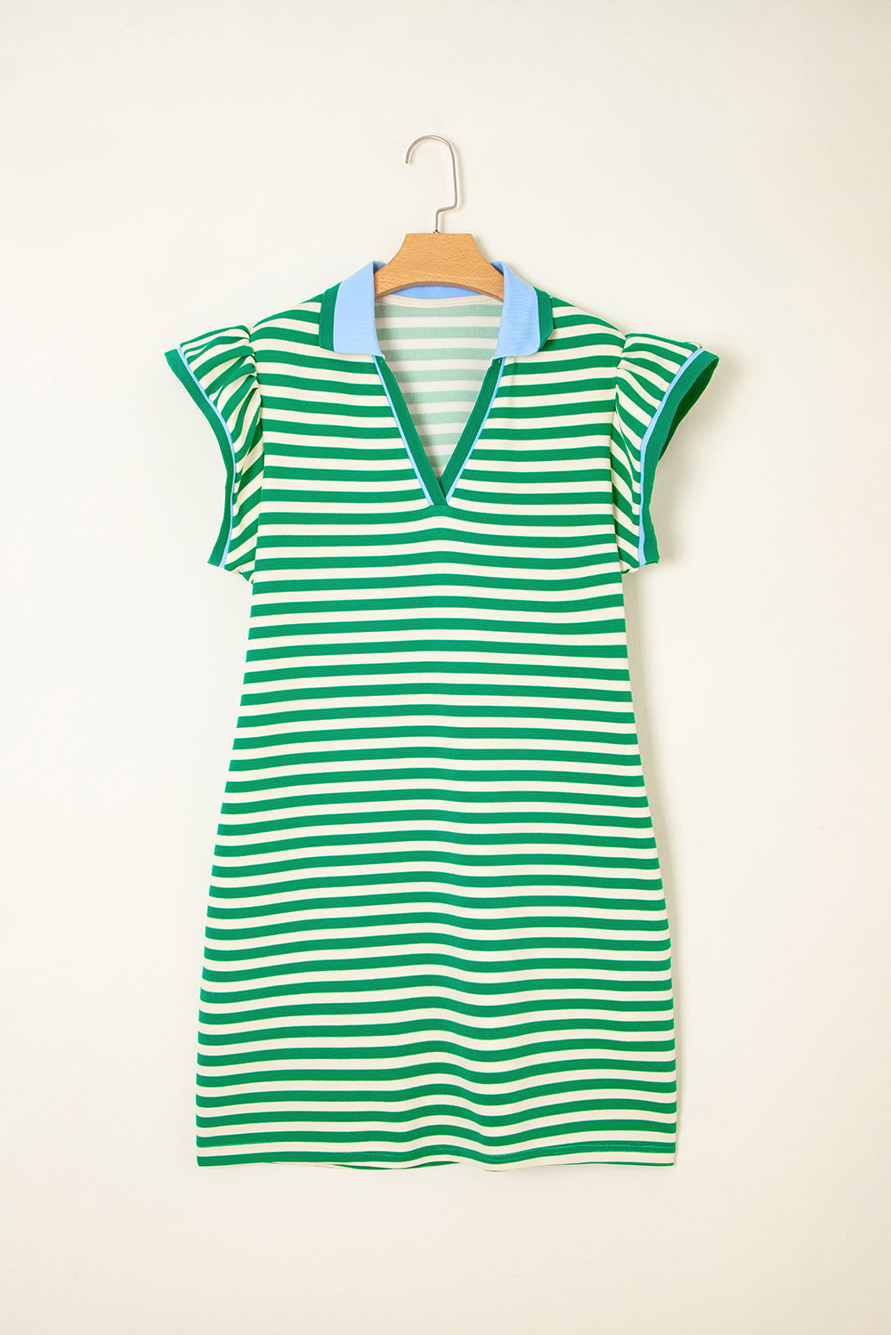 Stripe Print Contrast Collar Split Neck Flutter Sleeve Short Dress