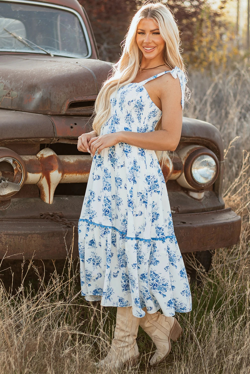 Sky Blue Floral Print Shirred Knot Shoulder Sleeveless Long Dress