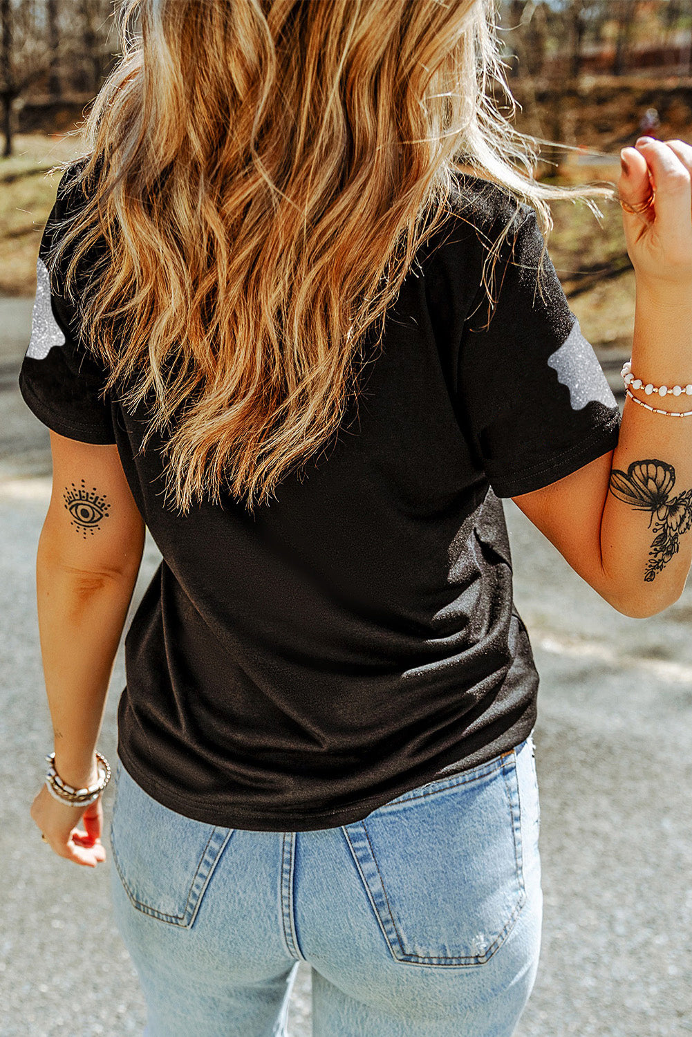 Black Glitter Ghost Pattern Crew Neck T Shirt