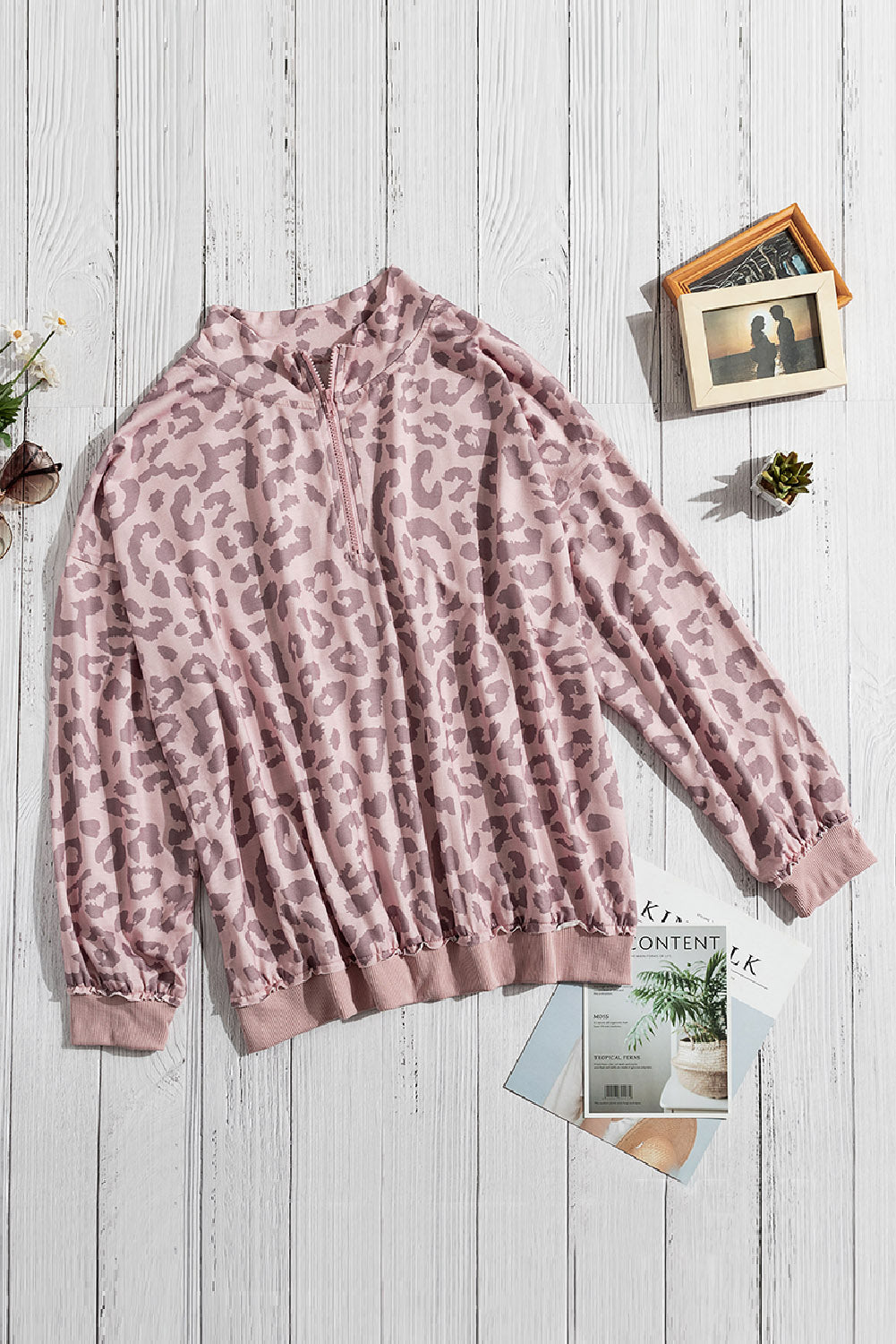 Pink Leopard Zipped Collar Sweatshirt