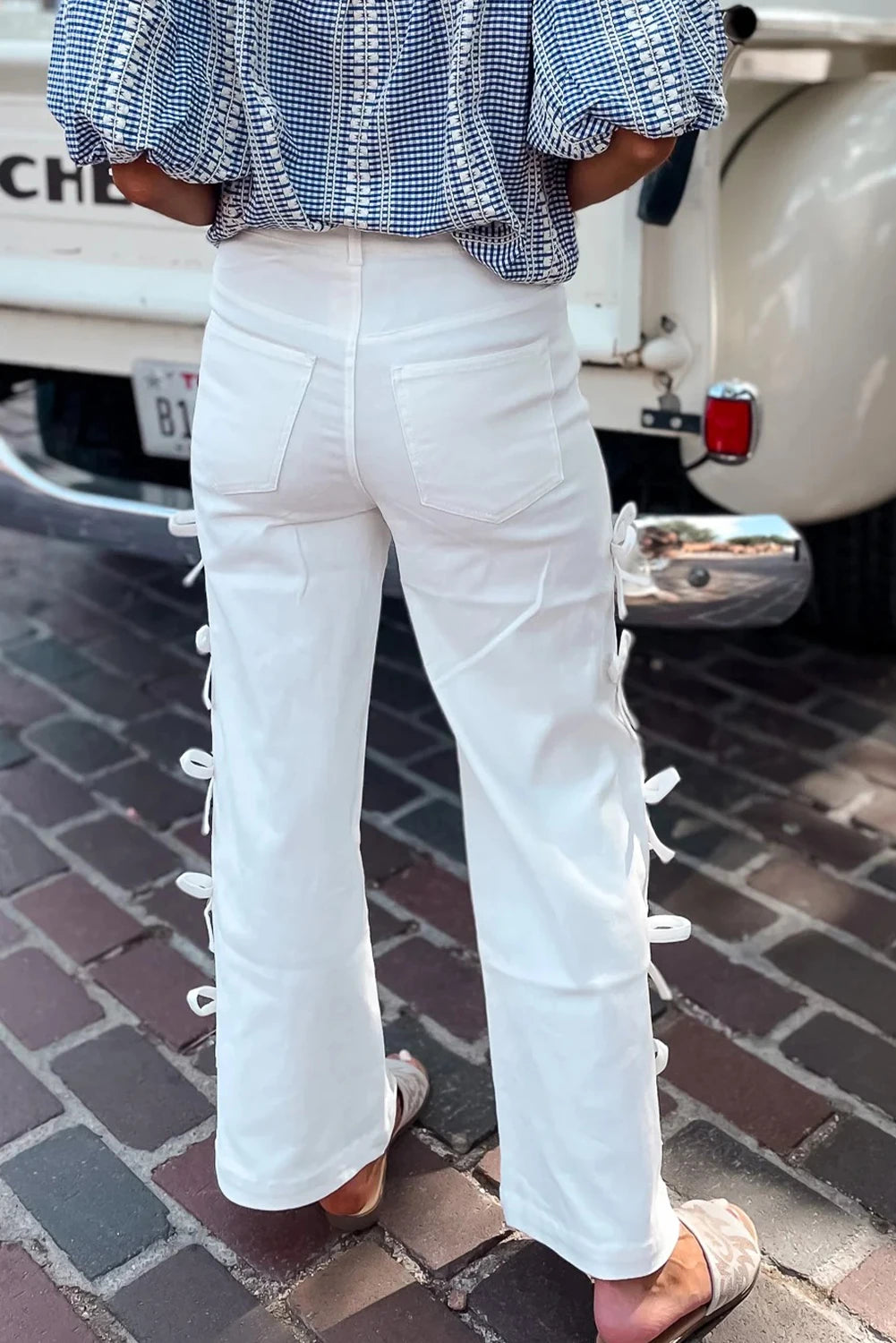 White Bow Knot Side Detail Straight Leg Loose Jeans