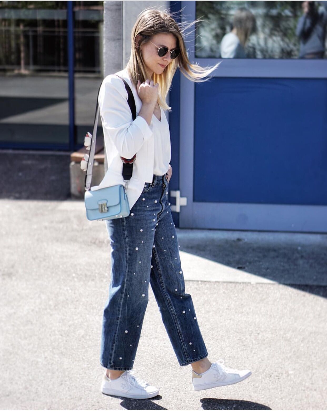 High waist straight loose wide leg pearl studded flared jeans