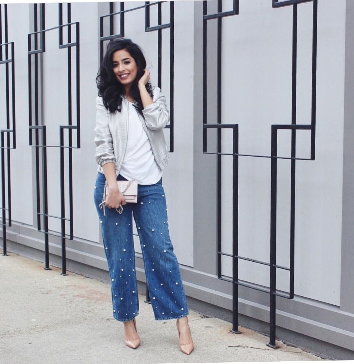 High waist straight loose wide leg pearl studded flared jeans