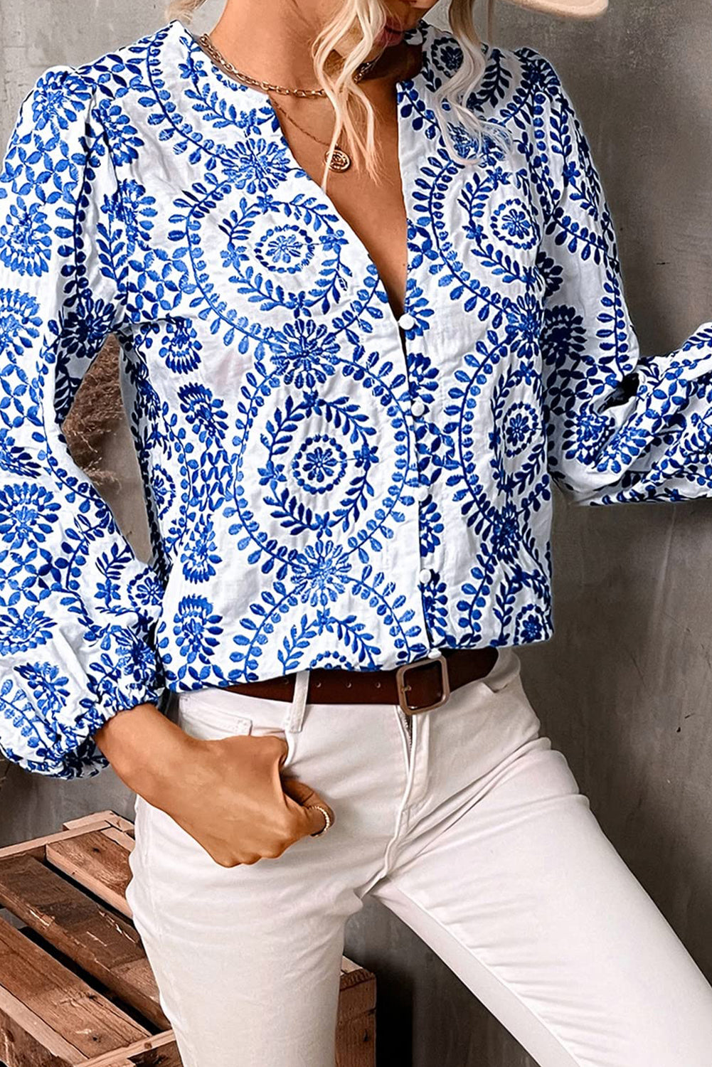 Vintage Geometric Printed V Neck Blouse