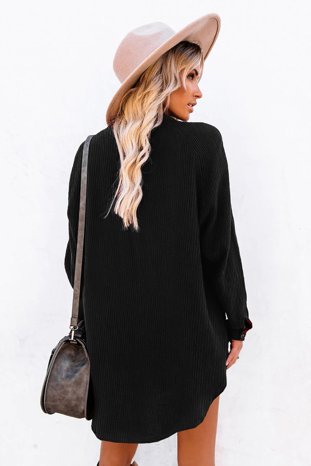 Corduroy Shirt Style Full Button Long Sleeve Shift Mini Dress
