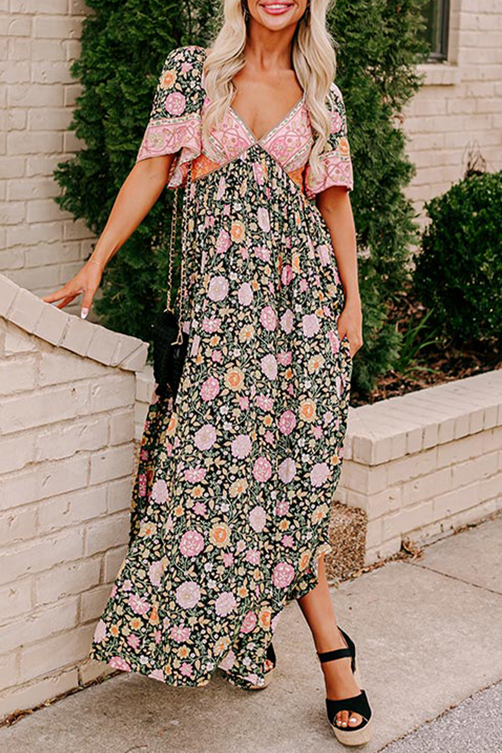 Black Boho Floral Patchwork V Neck Short Sleeve Maxi Dress