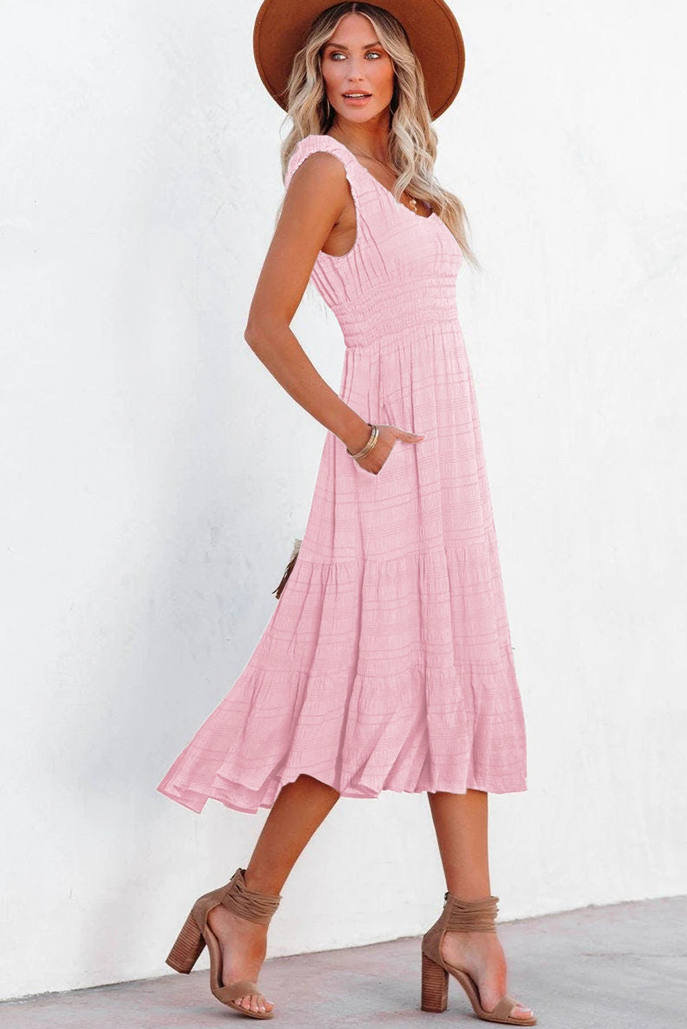 Shirred Pleated Square Neck Sleeveless Midi Dress