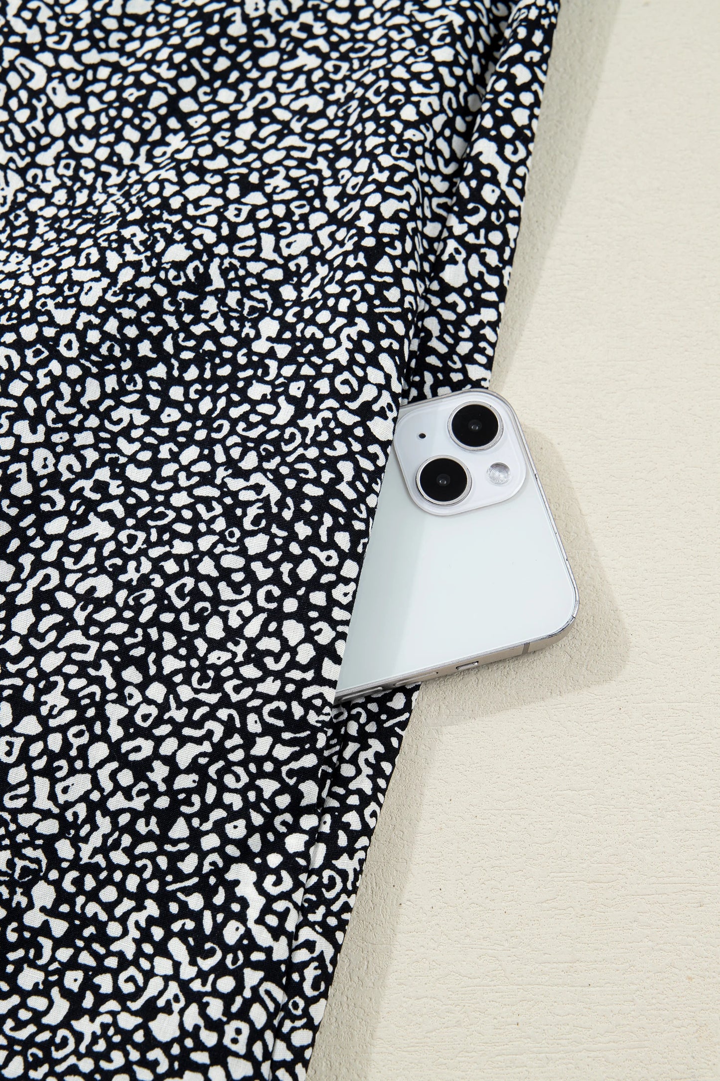 Black Leopard Print Contrast Striped Trim Polo Collar Short Sleeve Dress with Pockets