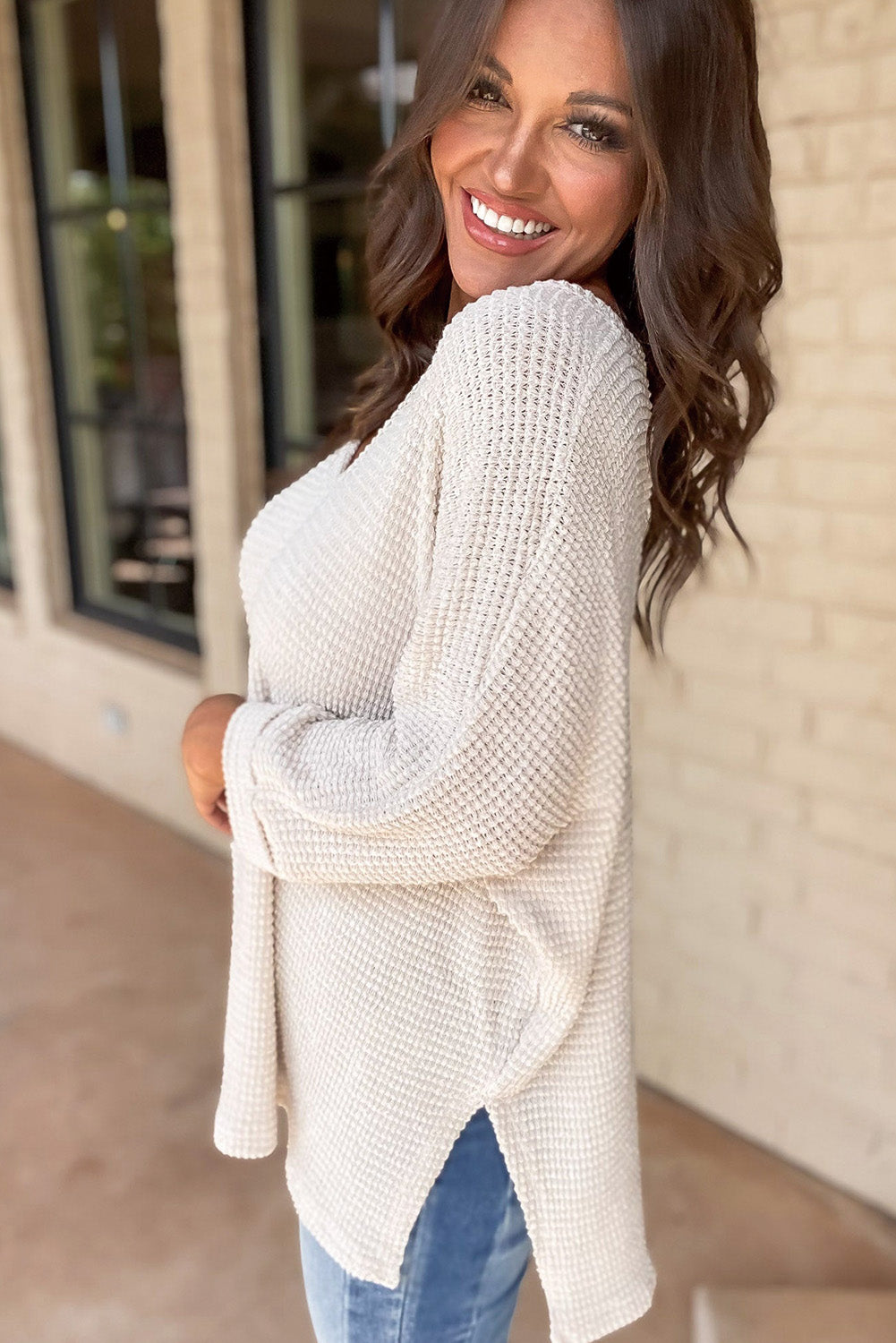 Waffle Knit Side Slits Loose Fit V N