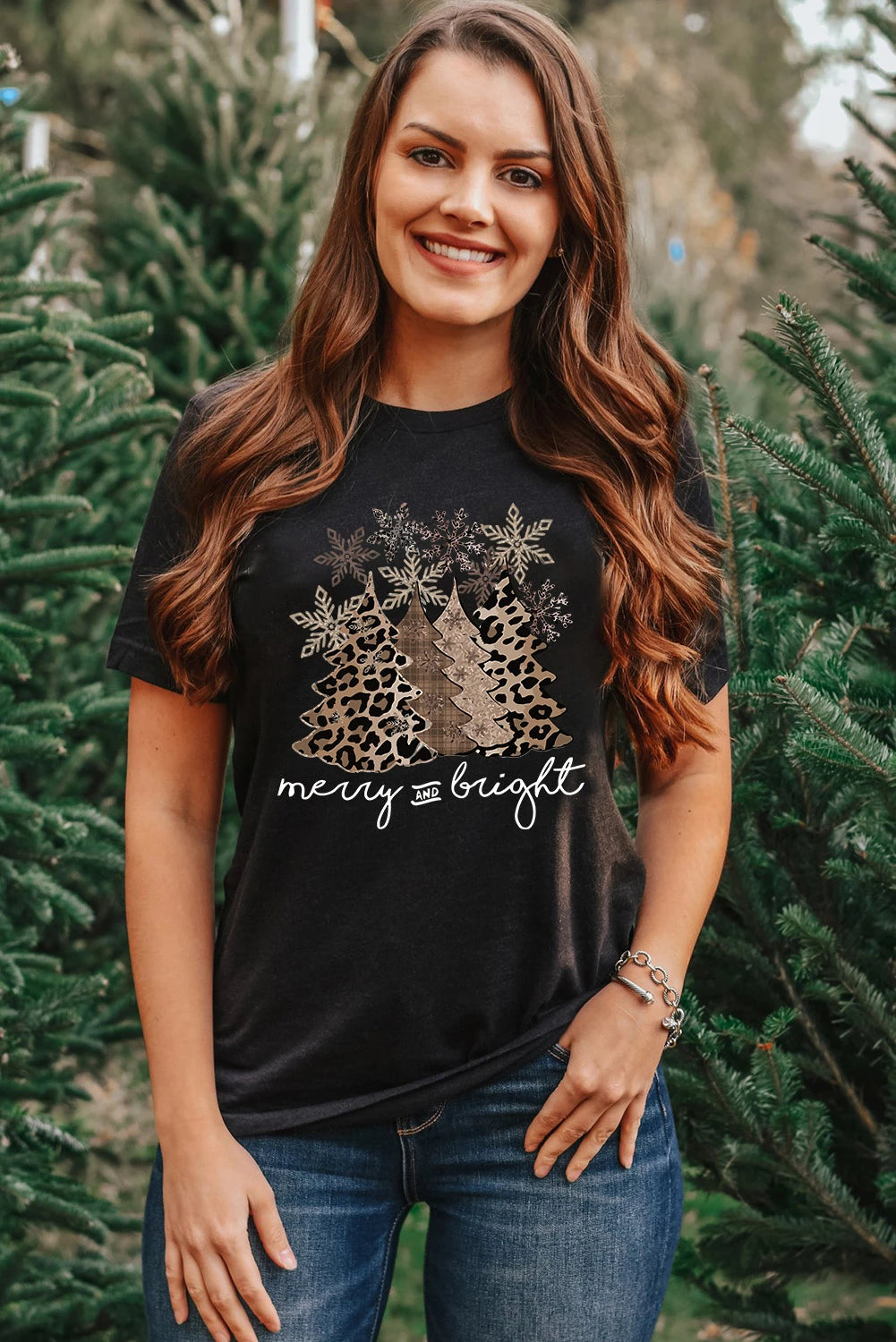 Leopard Christmas Tree Graphic Crew Neck T Shirt