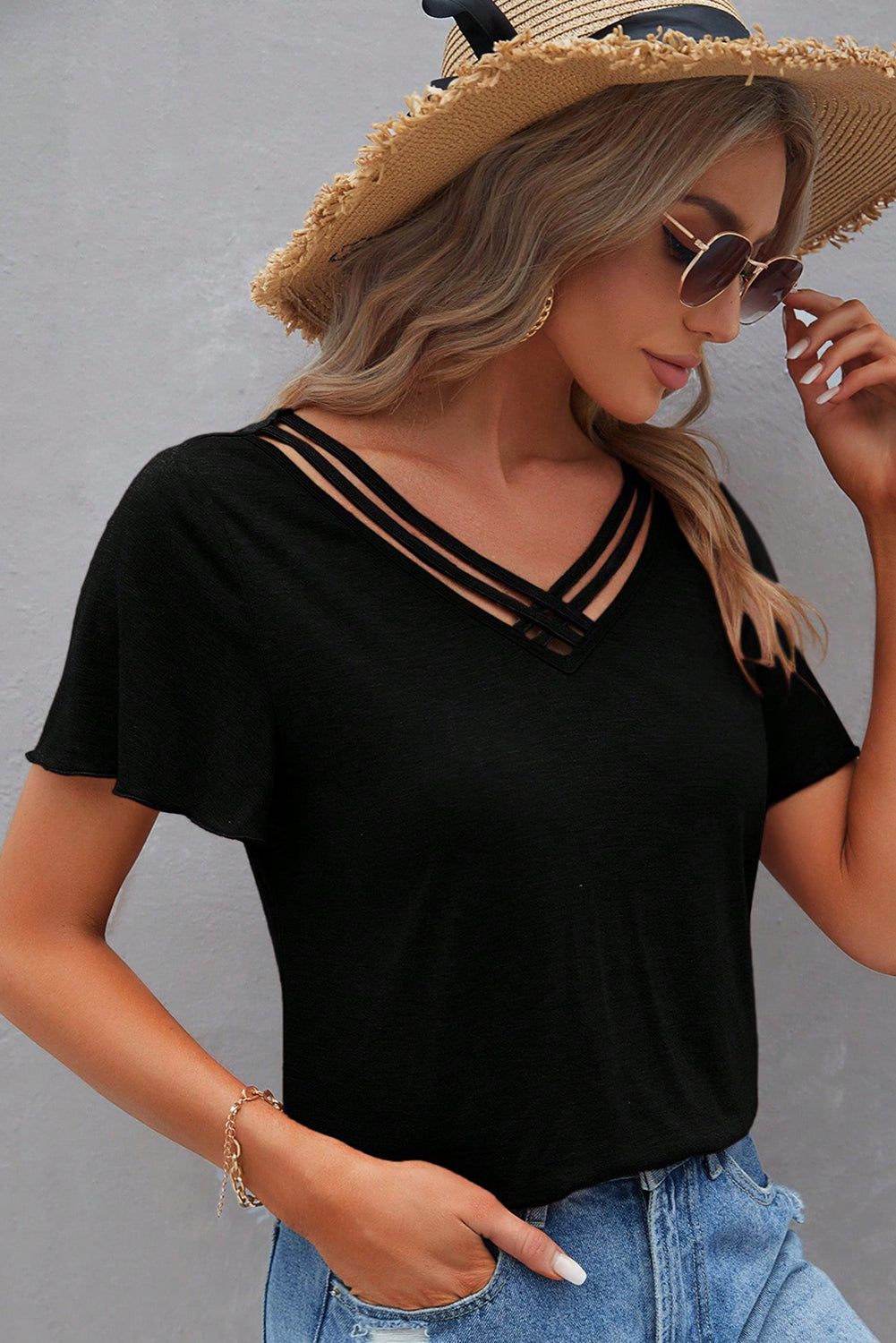 Crisscross V Neck Butterfly Sleeve T Shirt
