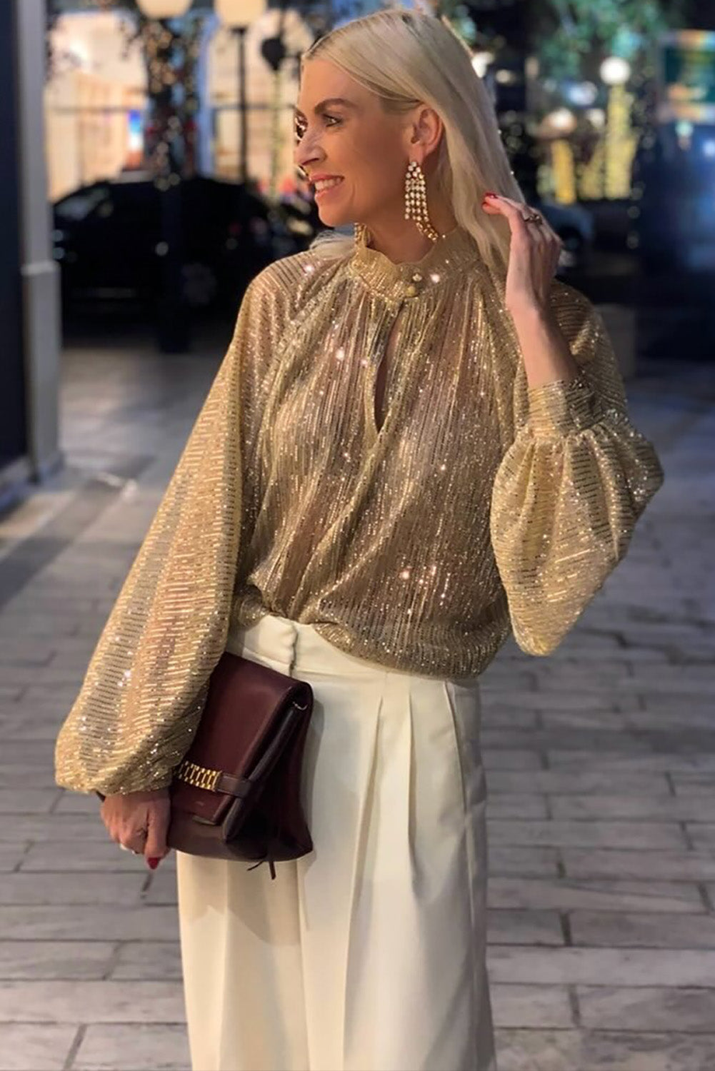 Gold Metallic Balloon Sleeve Buttoned High Neck Loose Blouse