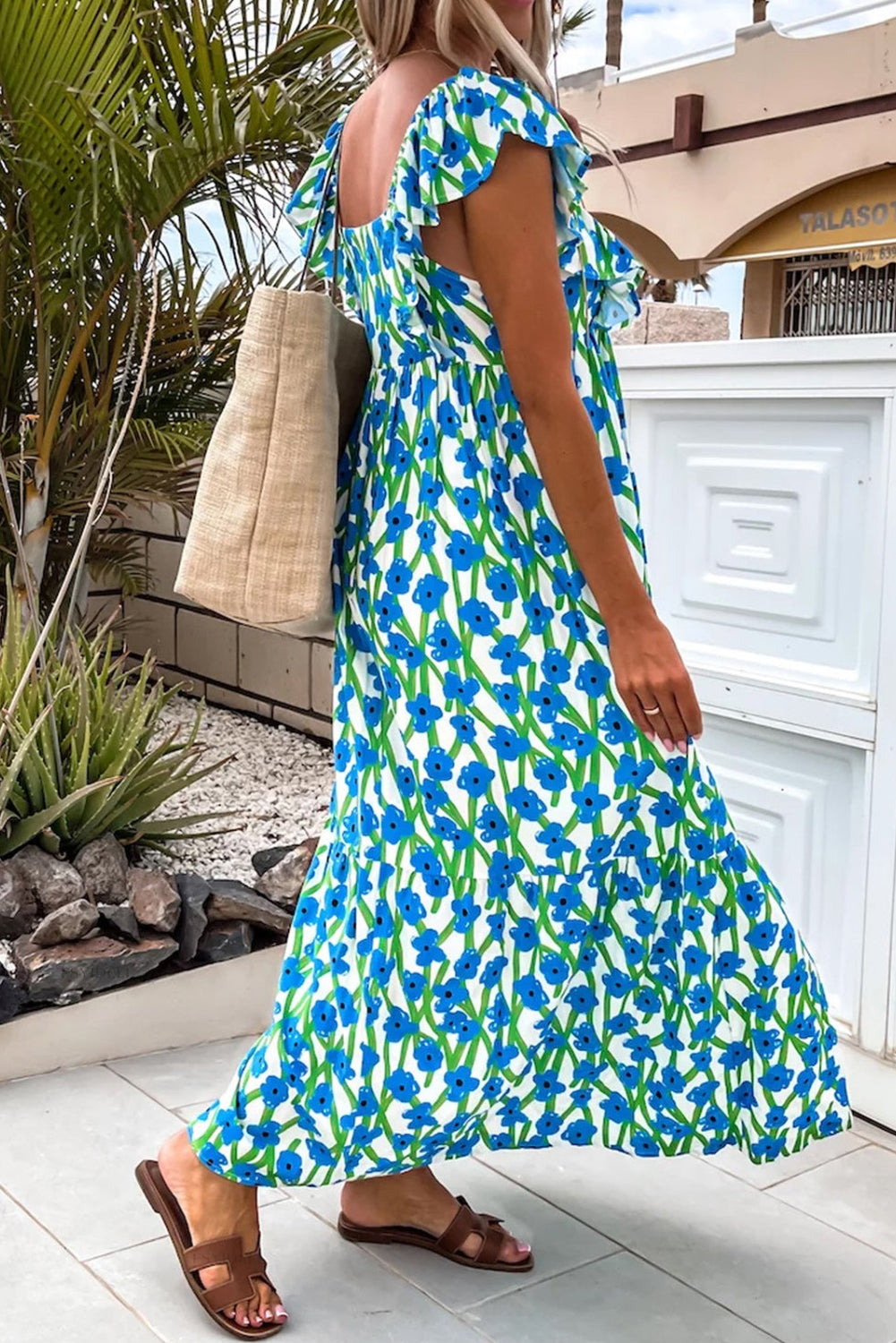 Blue Floral Print Square Neck Ruffled Strap Maxi D