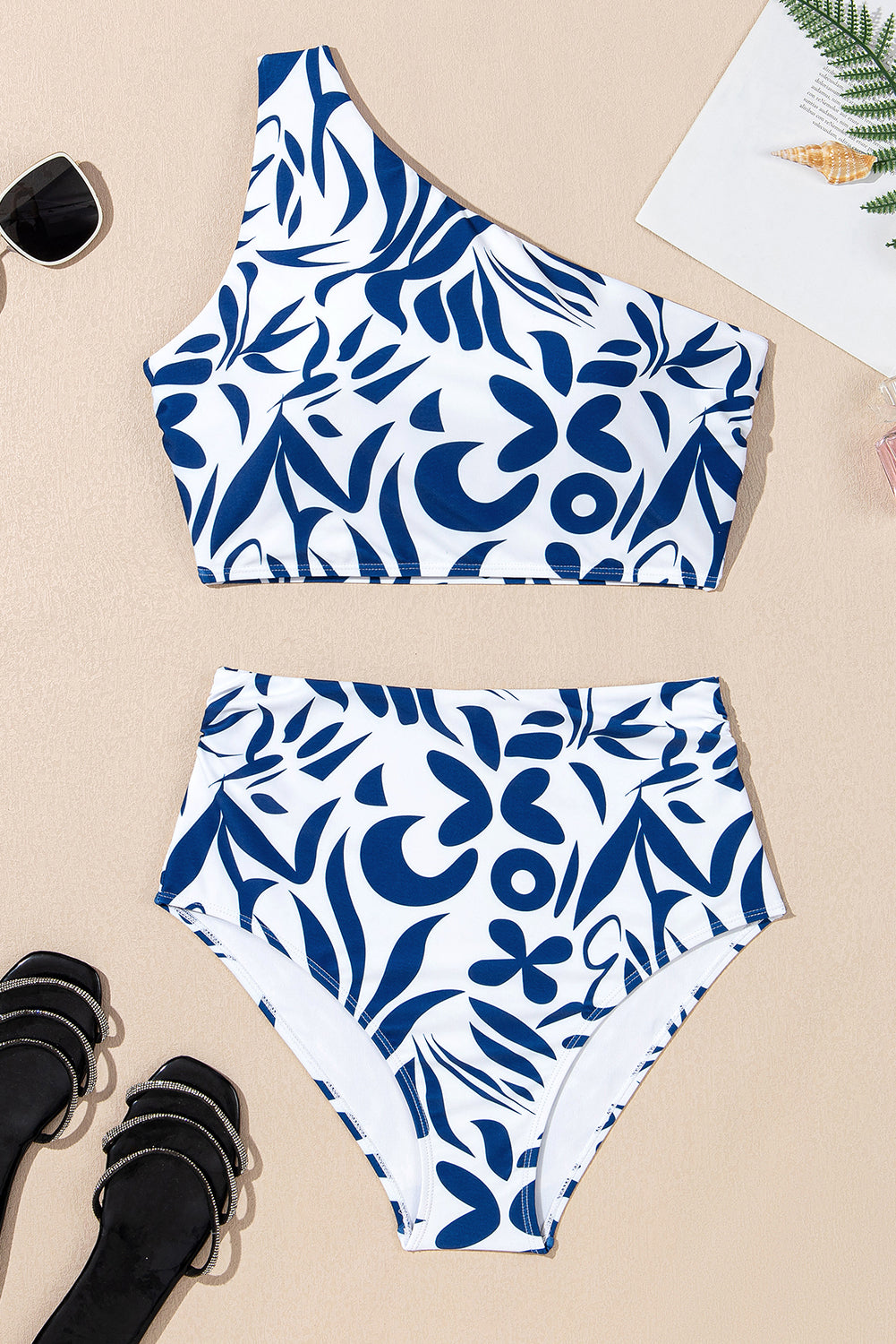 Blue Printed One-shoulder High Waisted Bikini