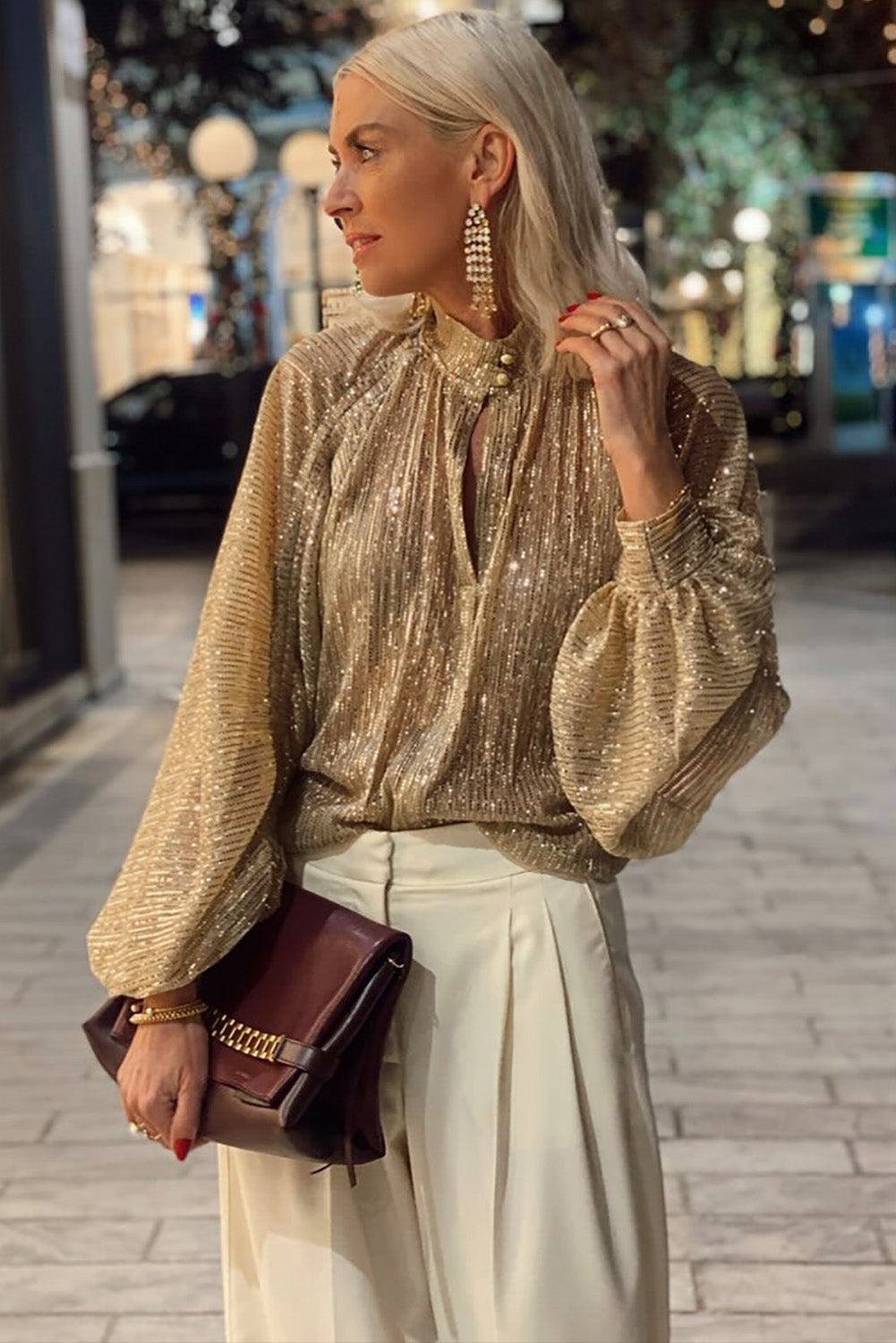 Gold Metallic Balloon Sleeve Buttoned High Neck Loose Blouse