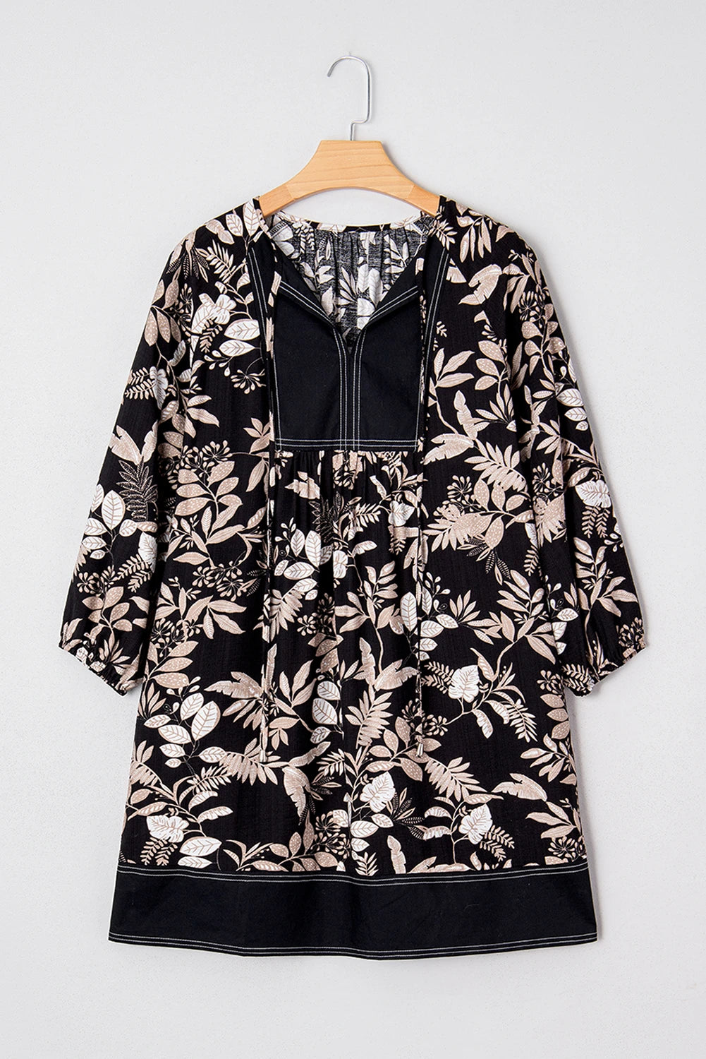 Black 3/4 Sleeve Botanical Print Split Neck Loose Mini Dress