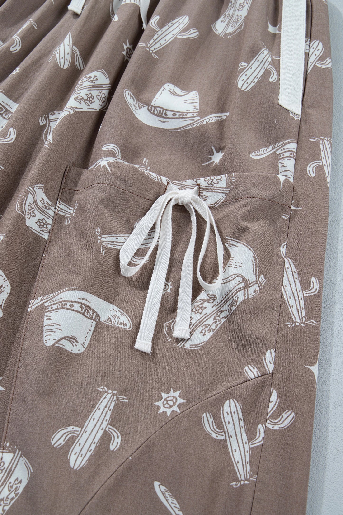 Khaki Western Cactus Cowgirl Hat Boot Printed Vintage Drawstring Jogger Pants