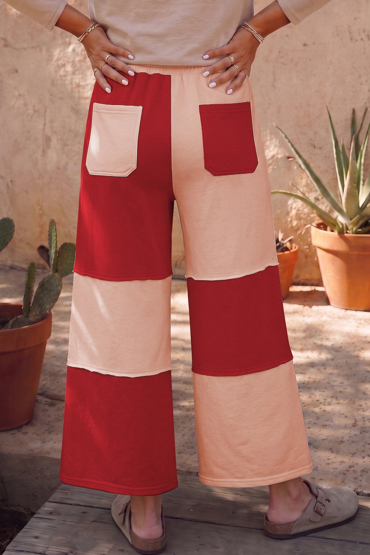 Raw Seam Colorblock Wide Leg Ankle Length Casual Pants