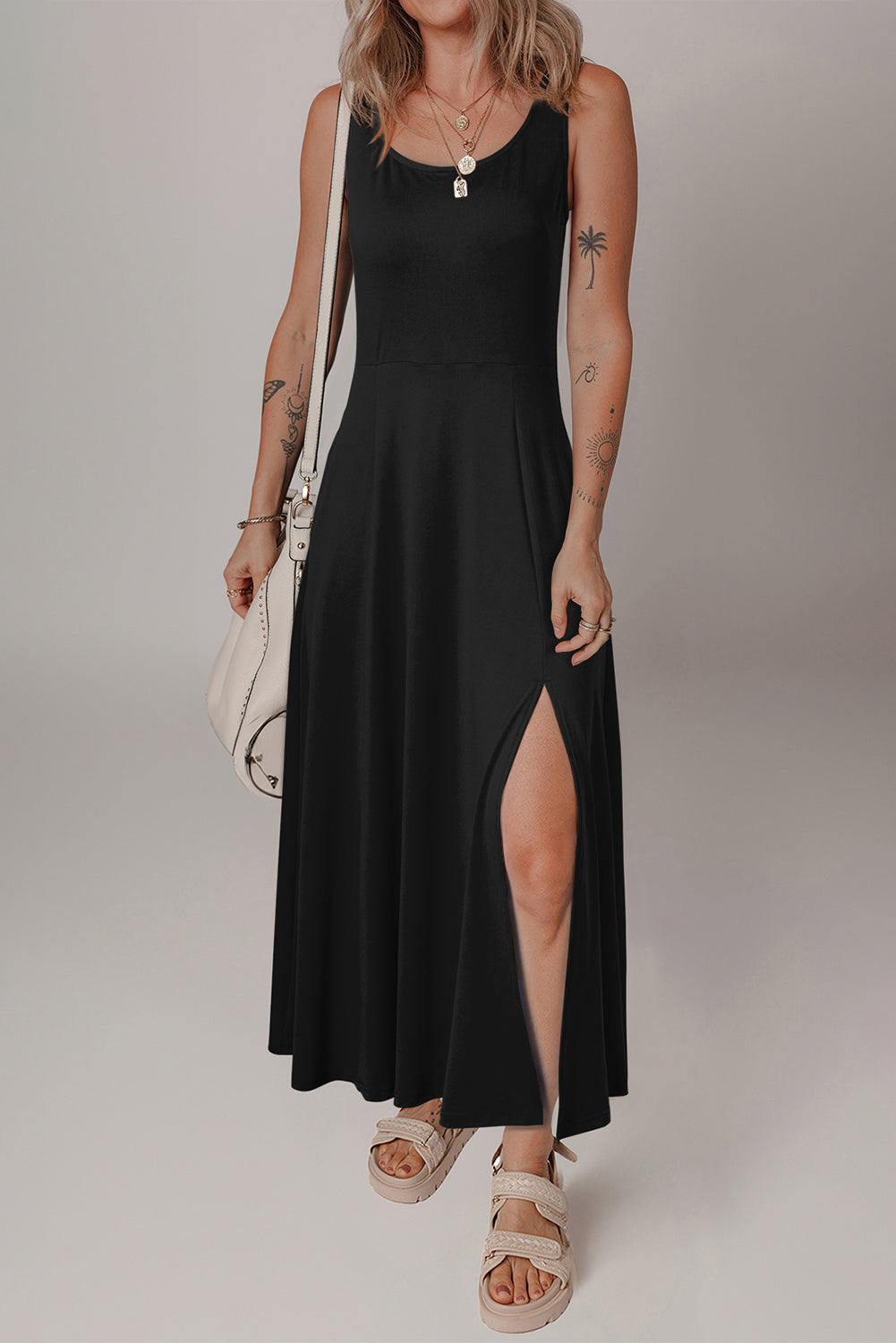 Black Sleeveless Scoop Neck Flared Split Midi Dress – The Perfect Touch SA