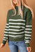 Green Striped Turtleneck Long Sleeve Sweater with Buttons