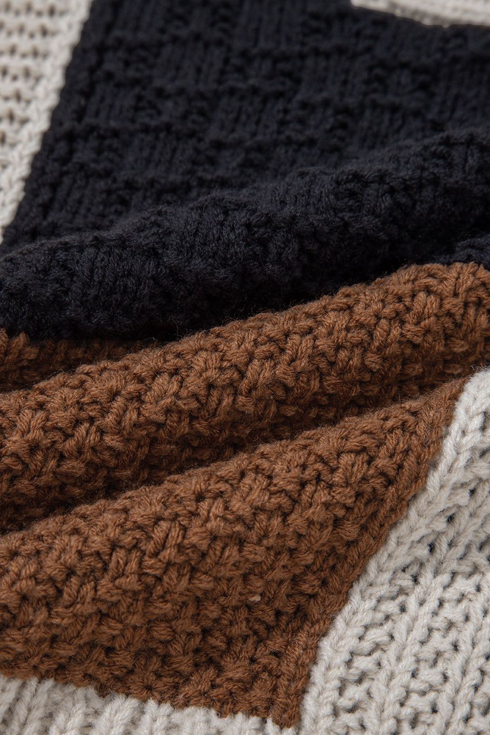 Multicolour Color Block Cable Knit Sleeve Buttons Collared Sweater