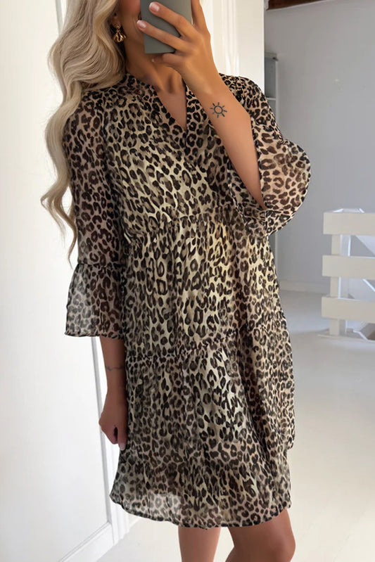 Khaki Leopard 3/4 Sleeve V Neck Swing Dress