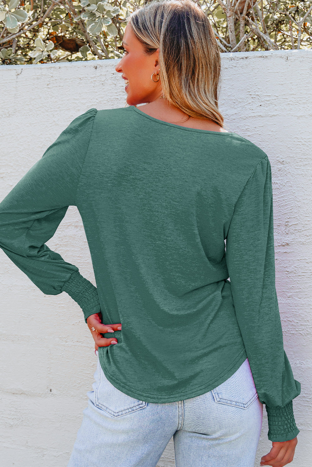 Shirred Shoulder Frilled Cuffs Long Sleeve Top