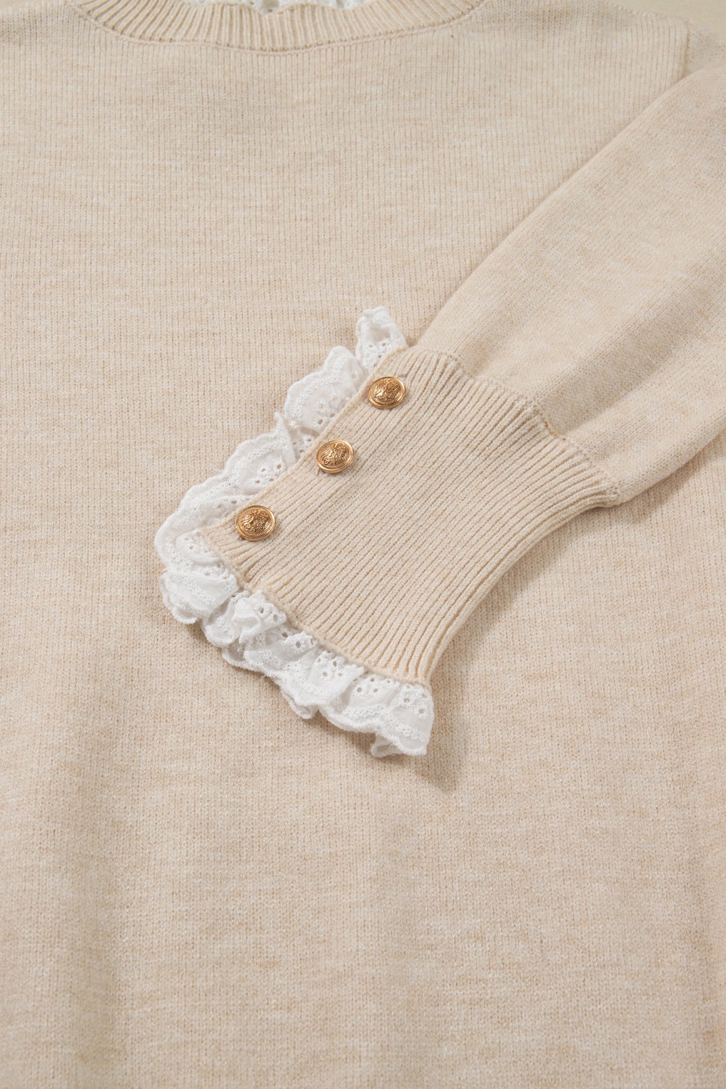 Lace Trim Patchwork Buttoned Cuffs Loose Sweater