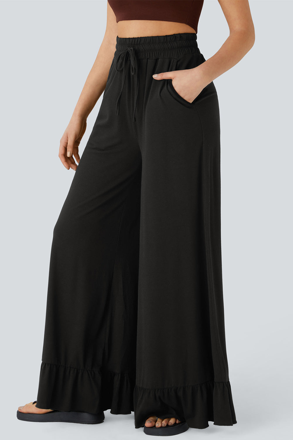 Ruffled Wide Leg Pull On High Waist Pants with Pockets