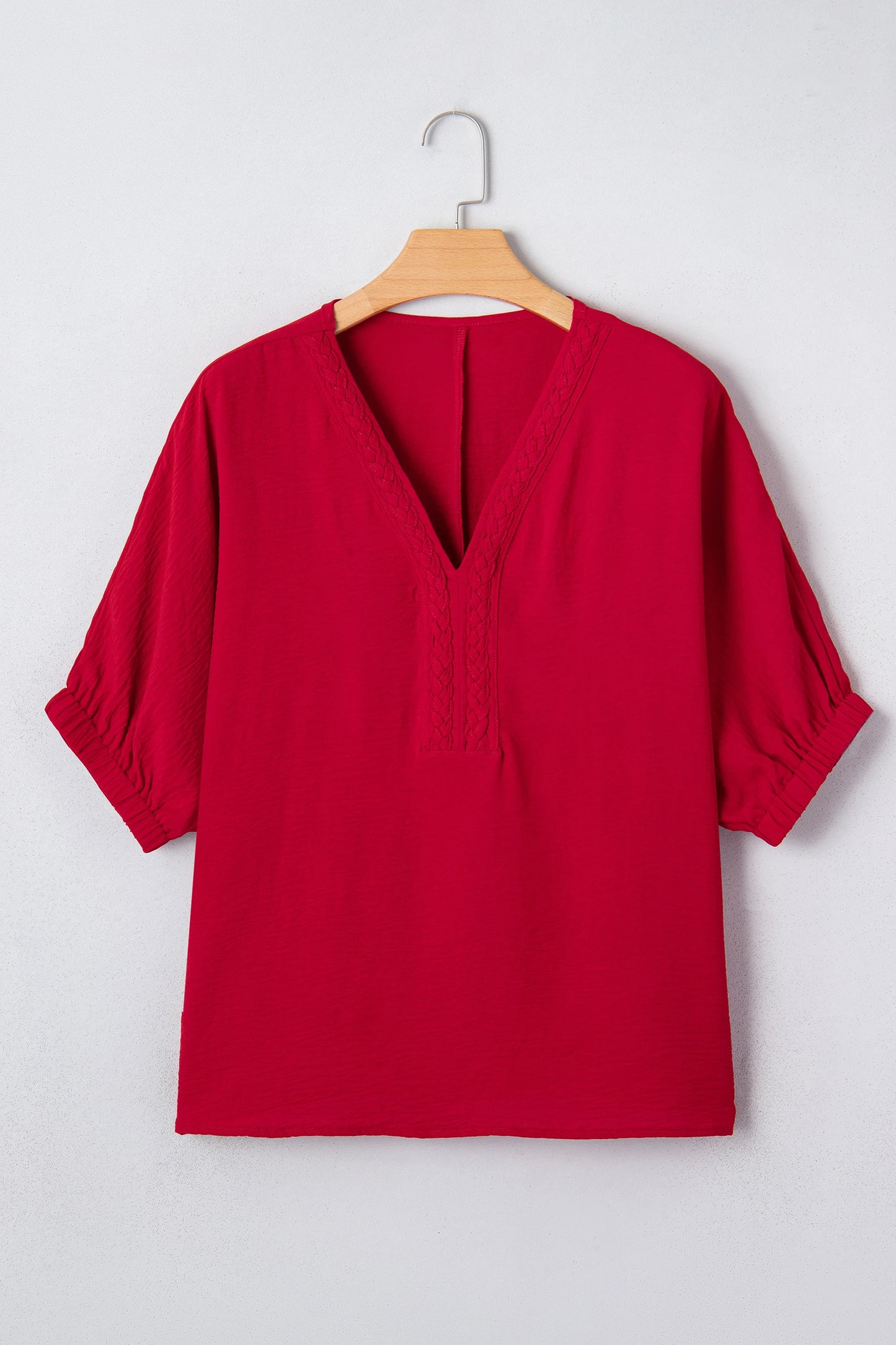 Racing Red Braided Trim V Neck Half Sleeve Blouse
