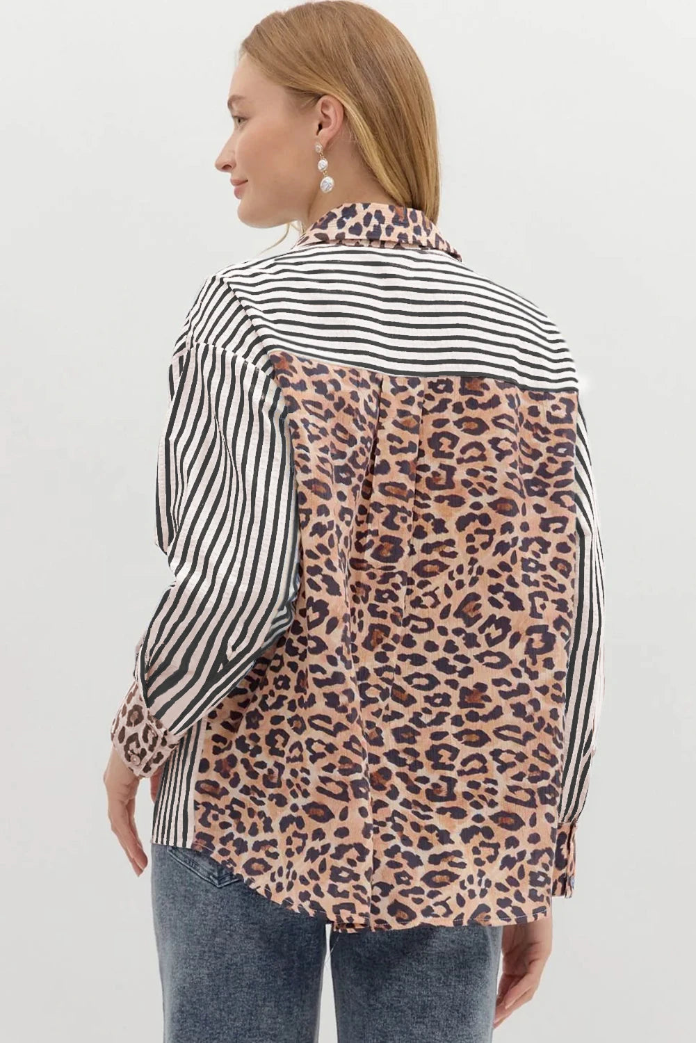 Black Striped Leopard Print Patchwork Button Up Women's Shirt