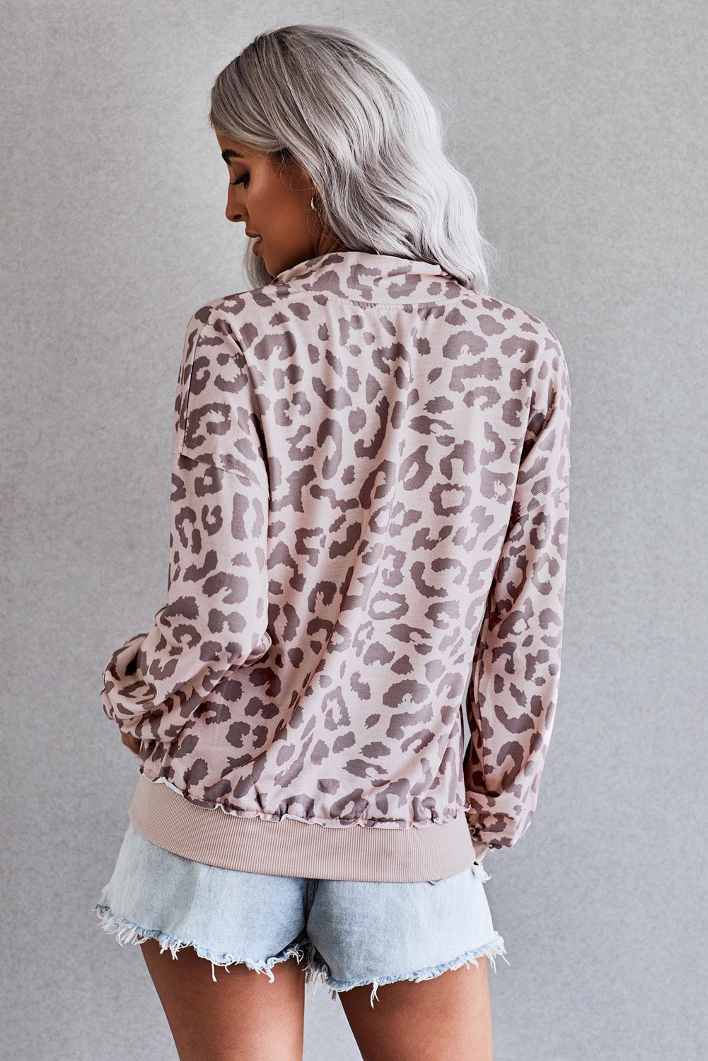 Pink Leopard Zipped Collar Sweatshirt