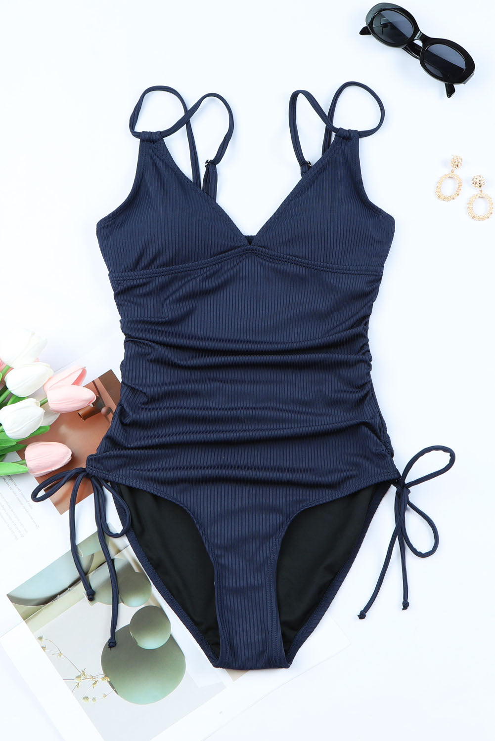 Blue Adjustable Straps Ribbed Knit One Piece Swimsuit