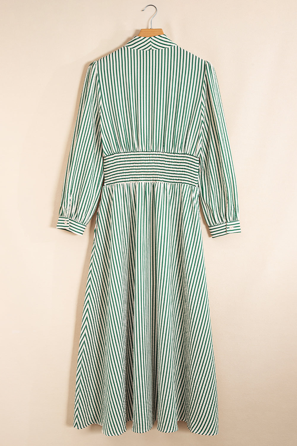 Stripe V Neck Zip Front Cinched High Waist Midi Dress