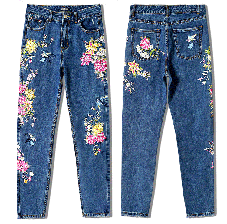 Bird Flower Front and Back Embroidery Jeans