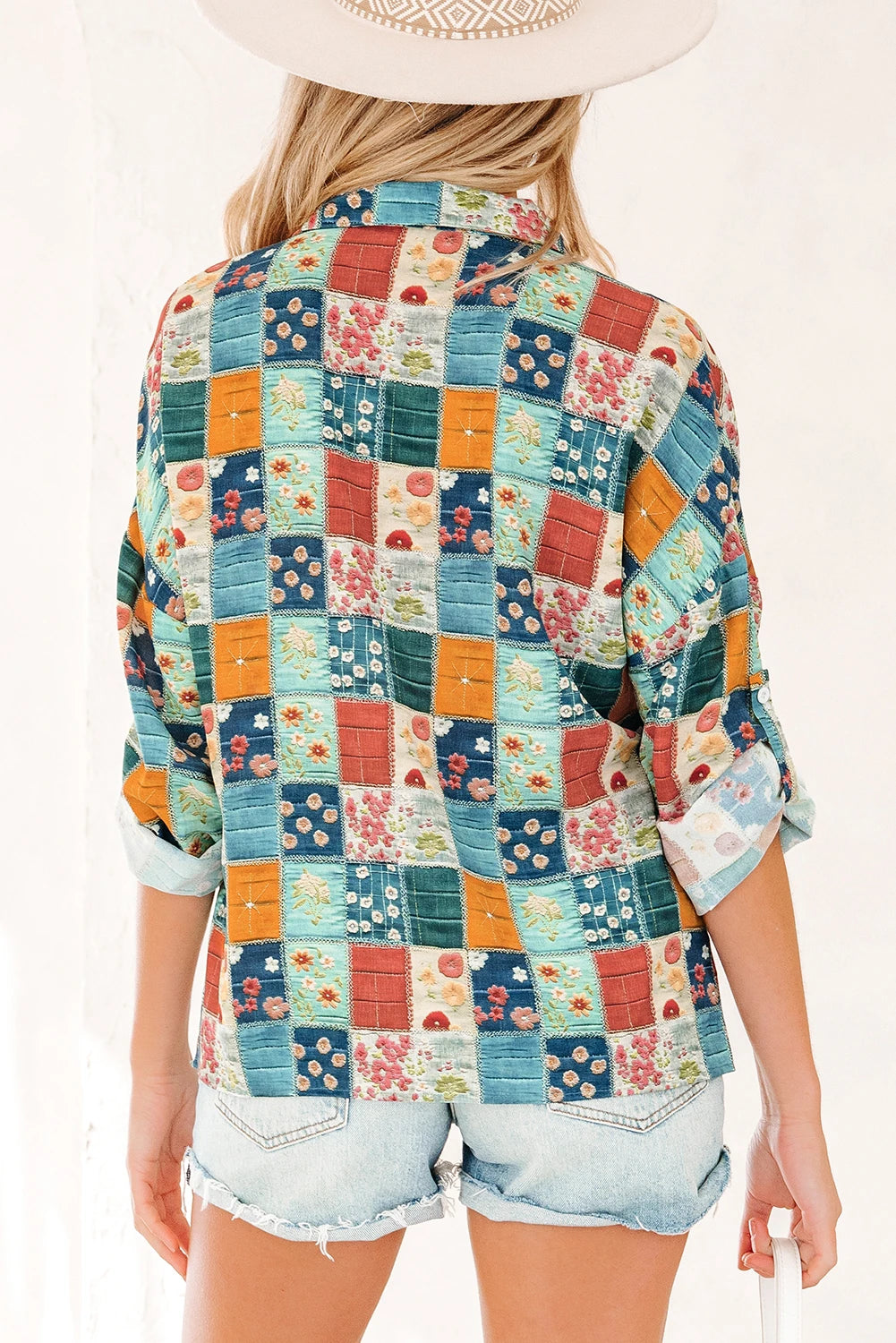 Sky Blue Floral Collared V Neck Roll up Sleeve Shift Blouse