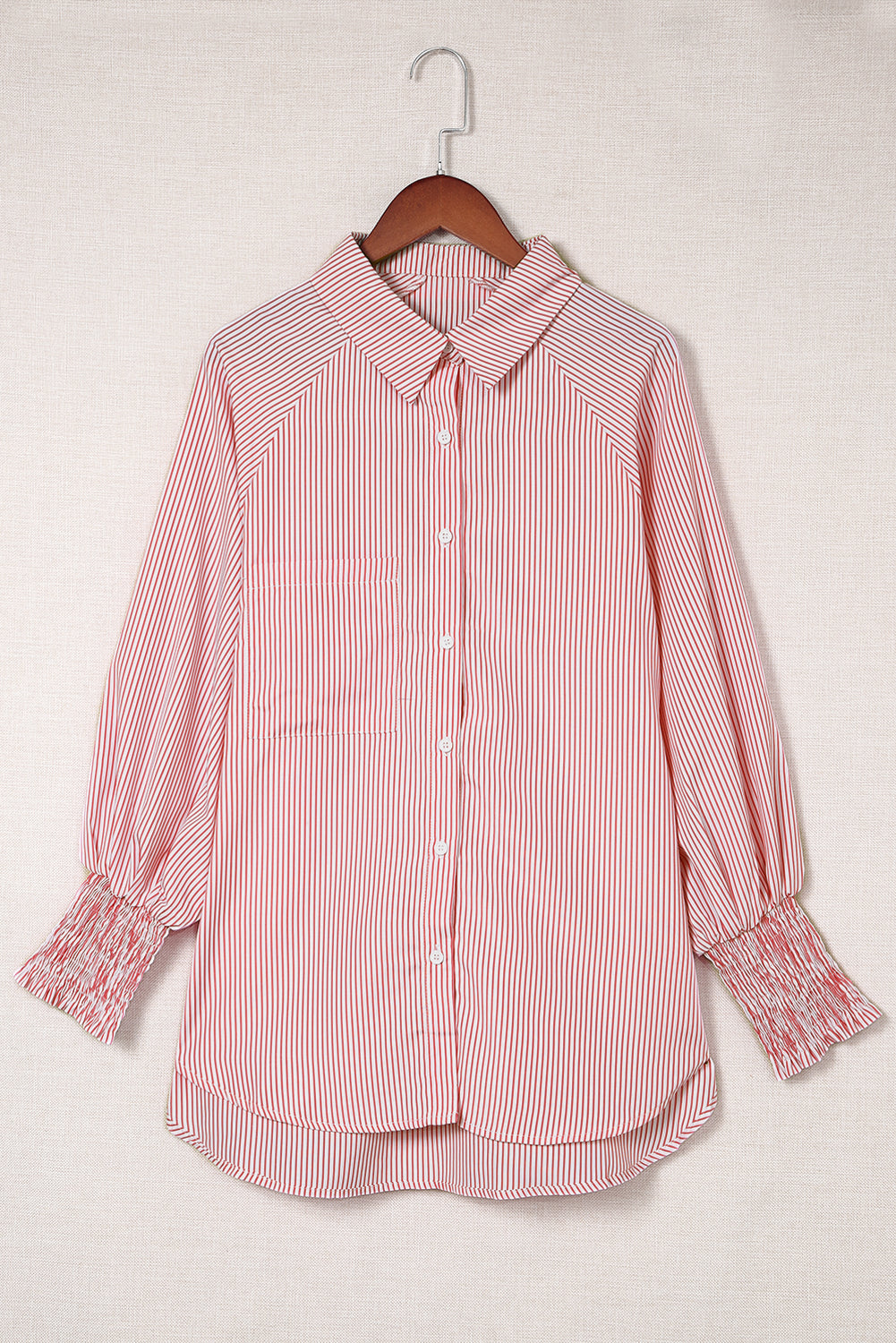 Stripe Smocked Cuffed Striped Boyfriend Shirt with Pocket