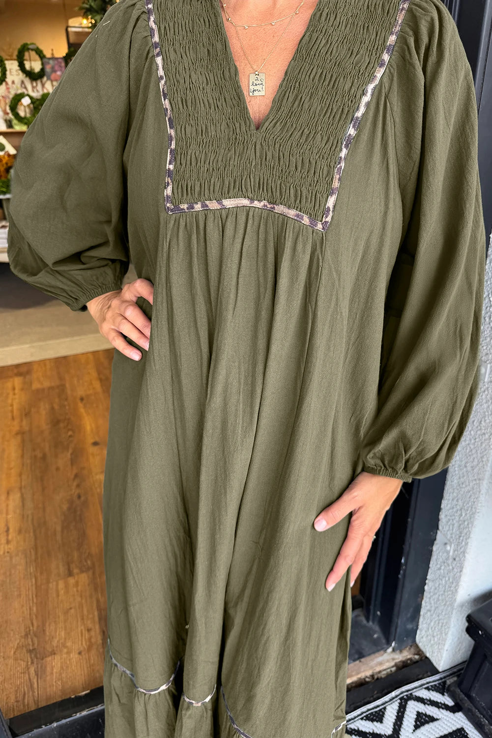 Collared V Neck Smocked Detail Contrast Leopard Trim Bracelet Sleeve Long Dress