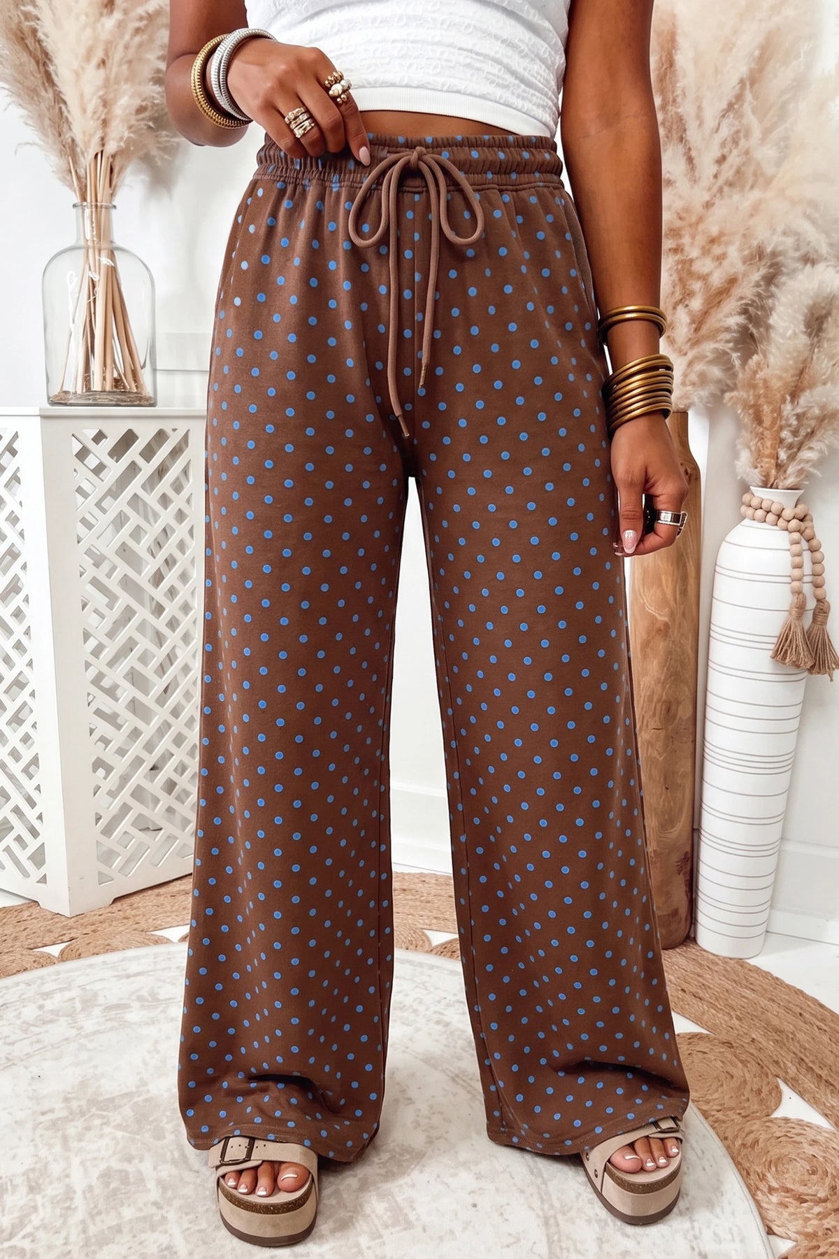 Brown Casual Polka Dot Wide Leg Drawstring Pants
