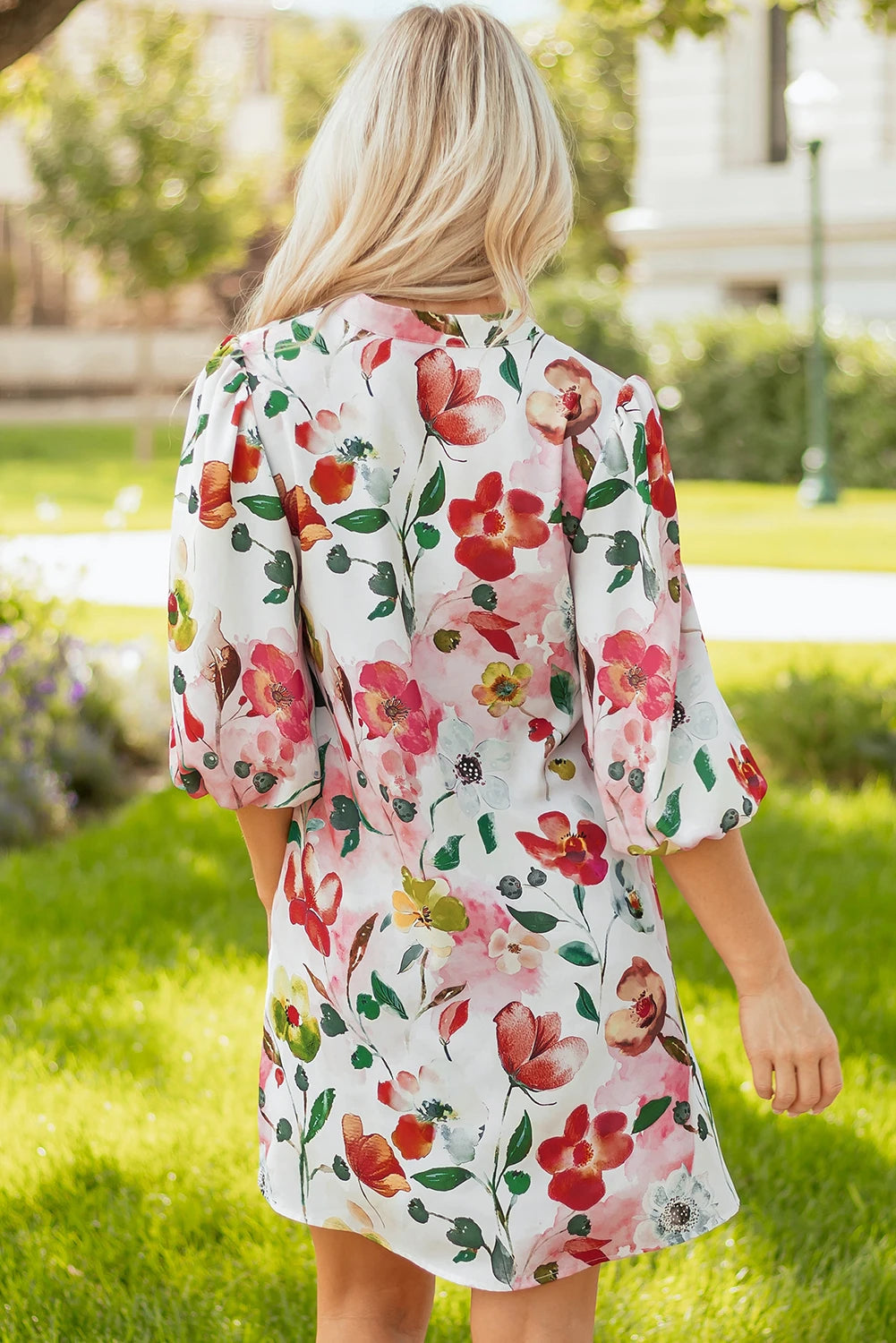 Red Floral Contrast Striped V Neck Puff Half Sleeve Shift Dress