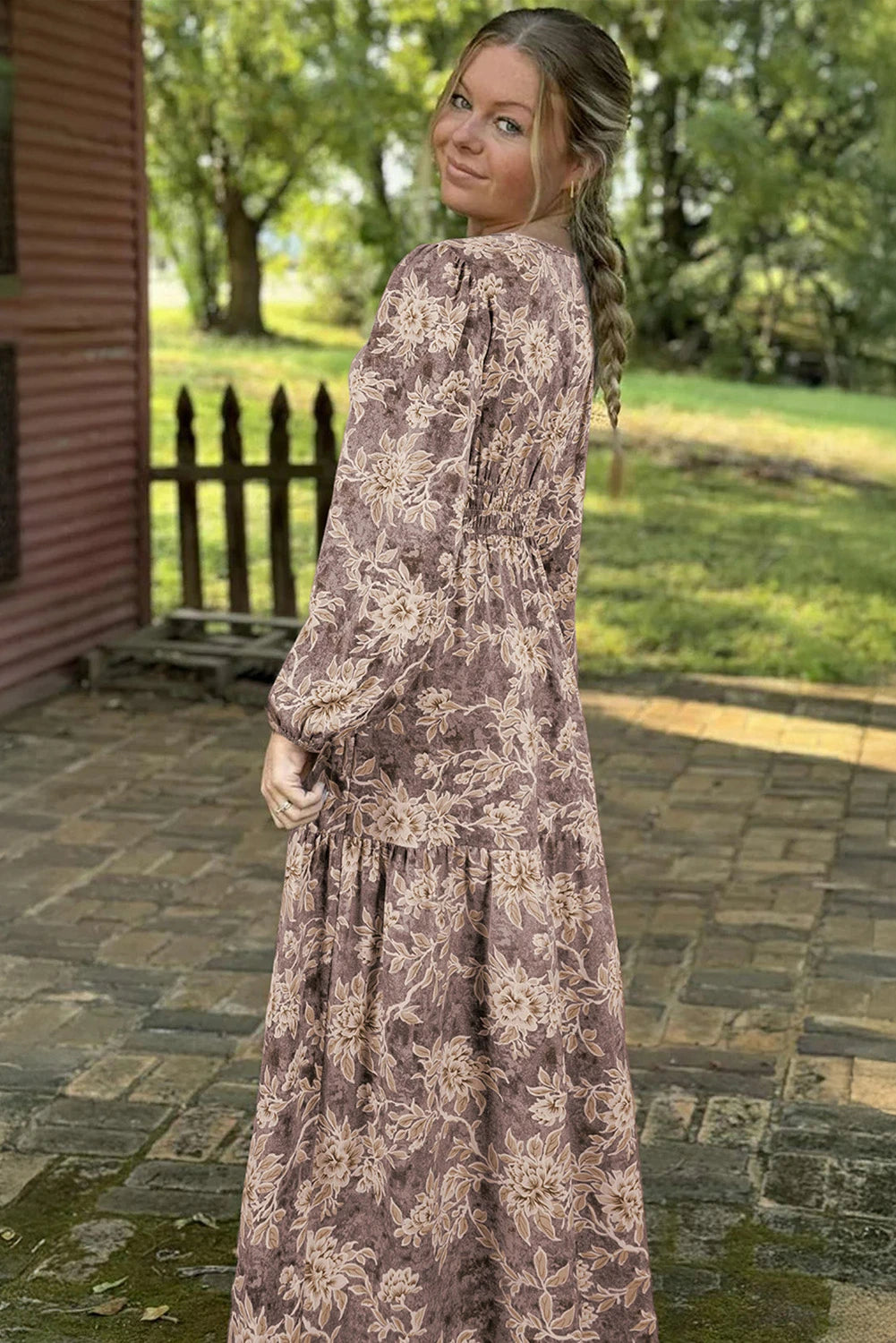 Brown Floral Print Smocked High Waist Long Sleeve Maxi Dress